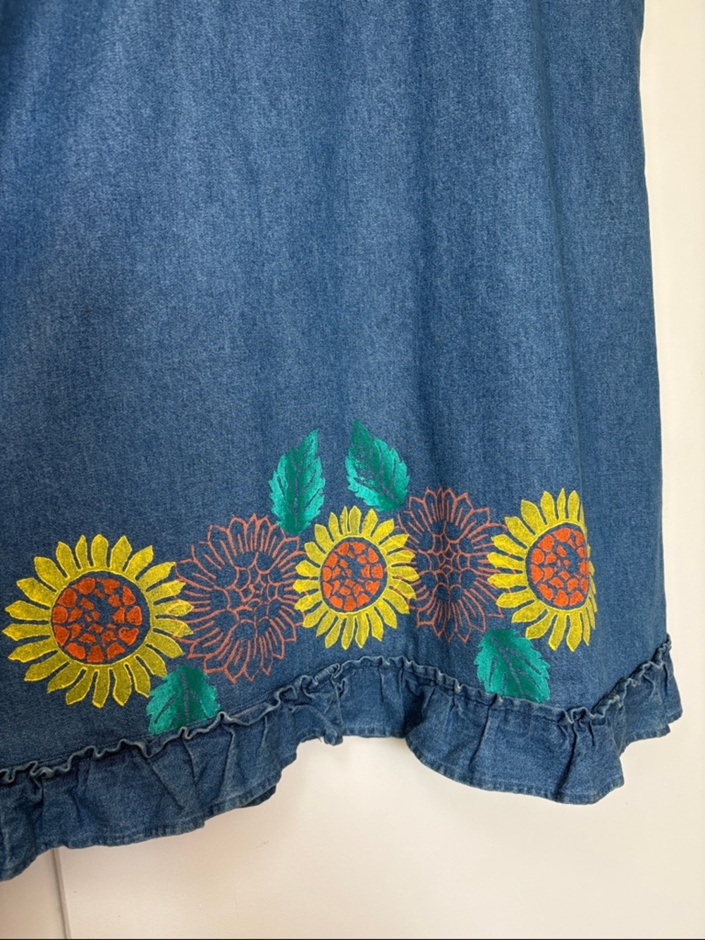 VINTAGE Denim Sunflower Floral Cotton Midi Dress Small - Picture 6 of 7
